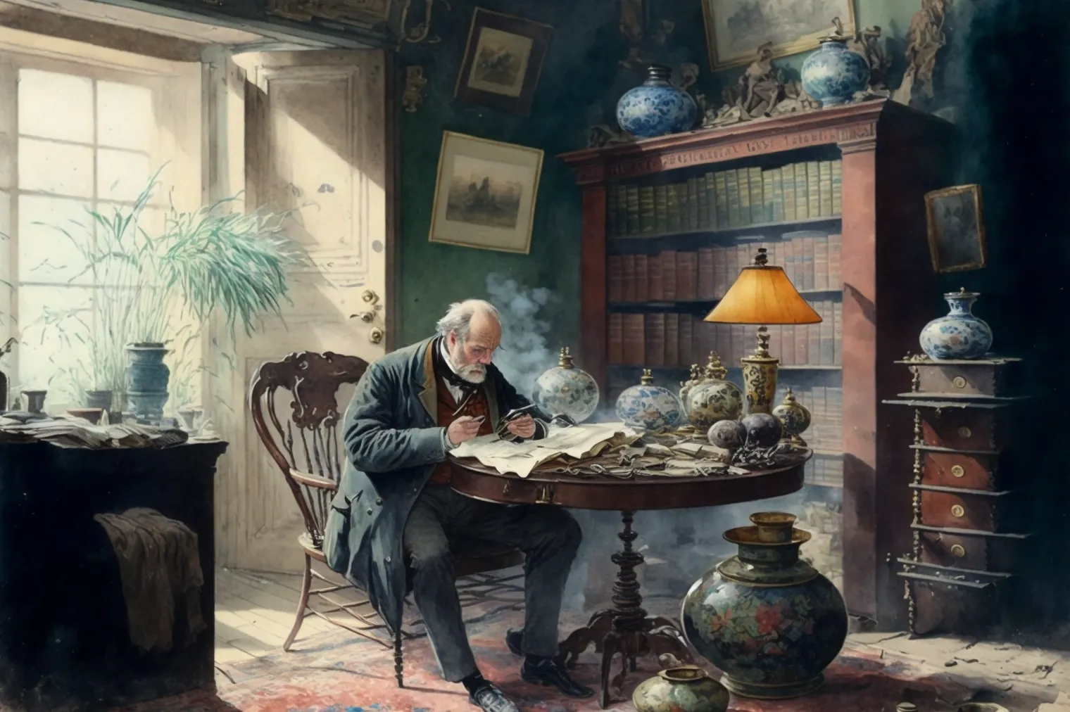 Henry Trenton-Smith | Sir Lawrence Sprocket in His Study (1888) | Watercolor on paper