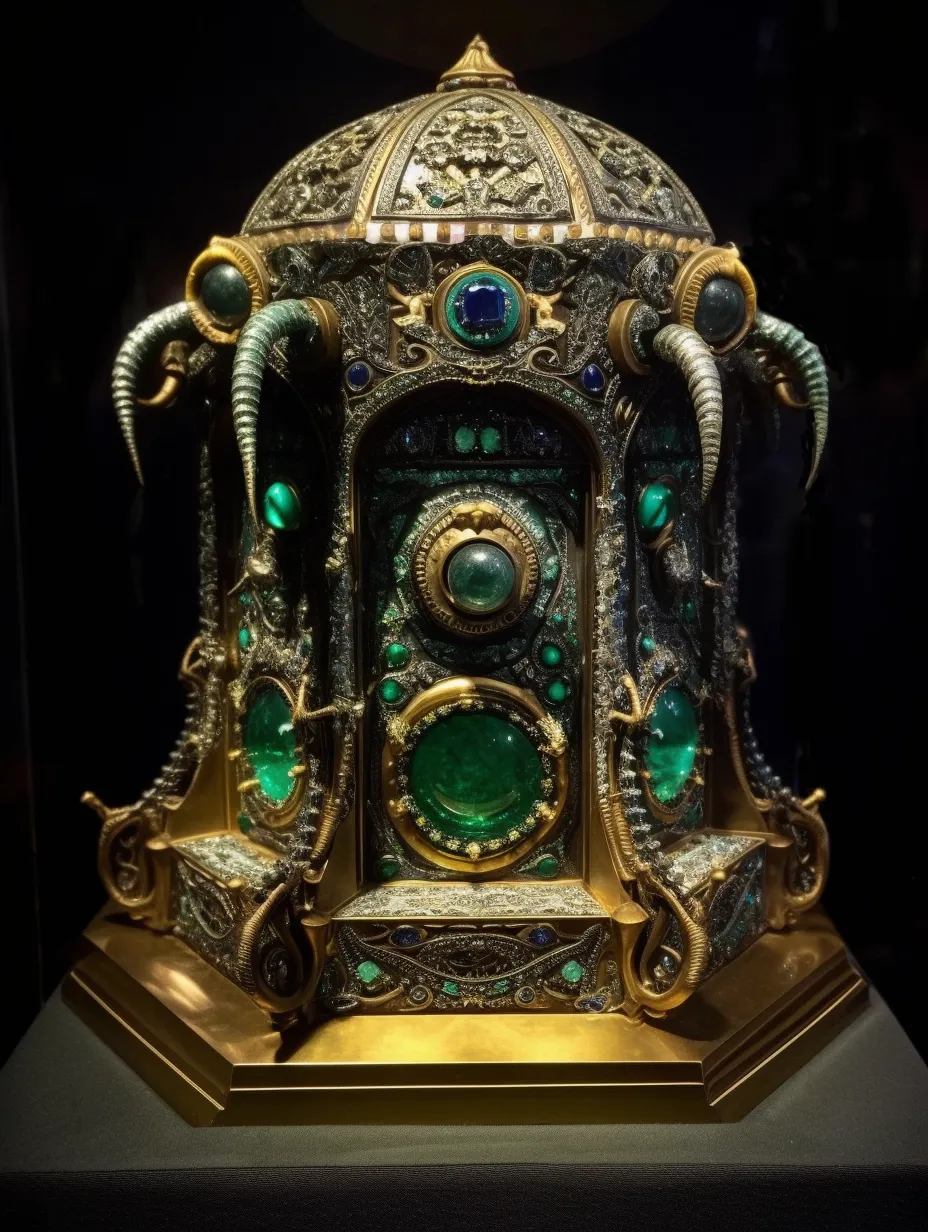 Unknown craftsman | Reliquary of Saint Ayoul (found in 1886, origin unknown) | Gold, emeralds, and sapphires.
